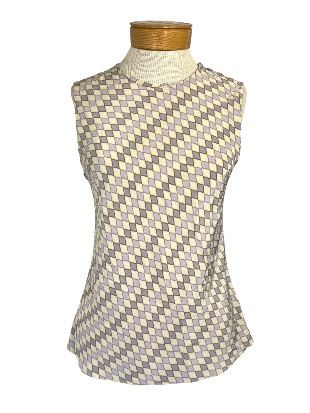 WORTH NEW YORK 100% Silk Geometric Diamond Sleeveless Top Lavender Cream Sz S